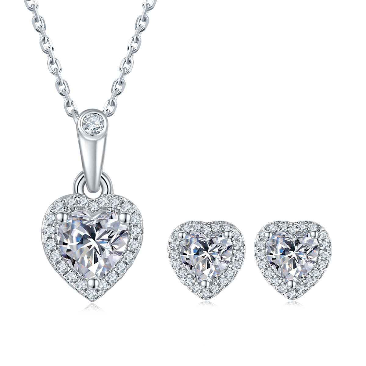 Light luxury heart-shaped S925 silver plated platinum Moissanite diamond pendant earring set